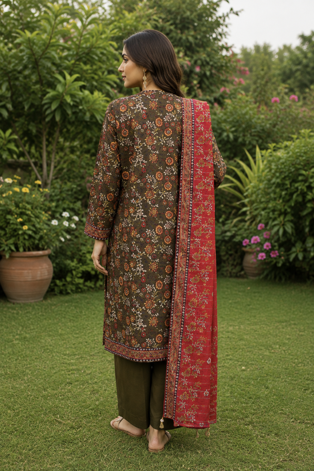 Rust-red printed dupatta with ethnic borders, dark olive brown unstitched suit