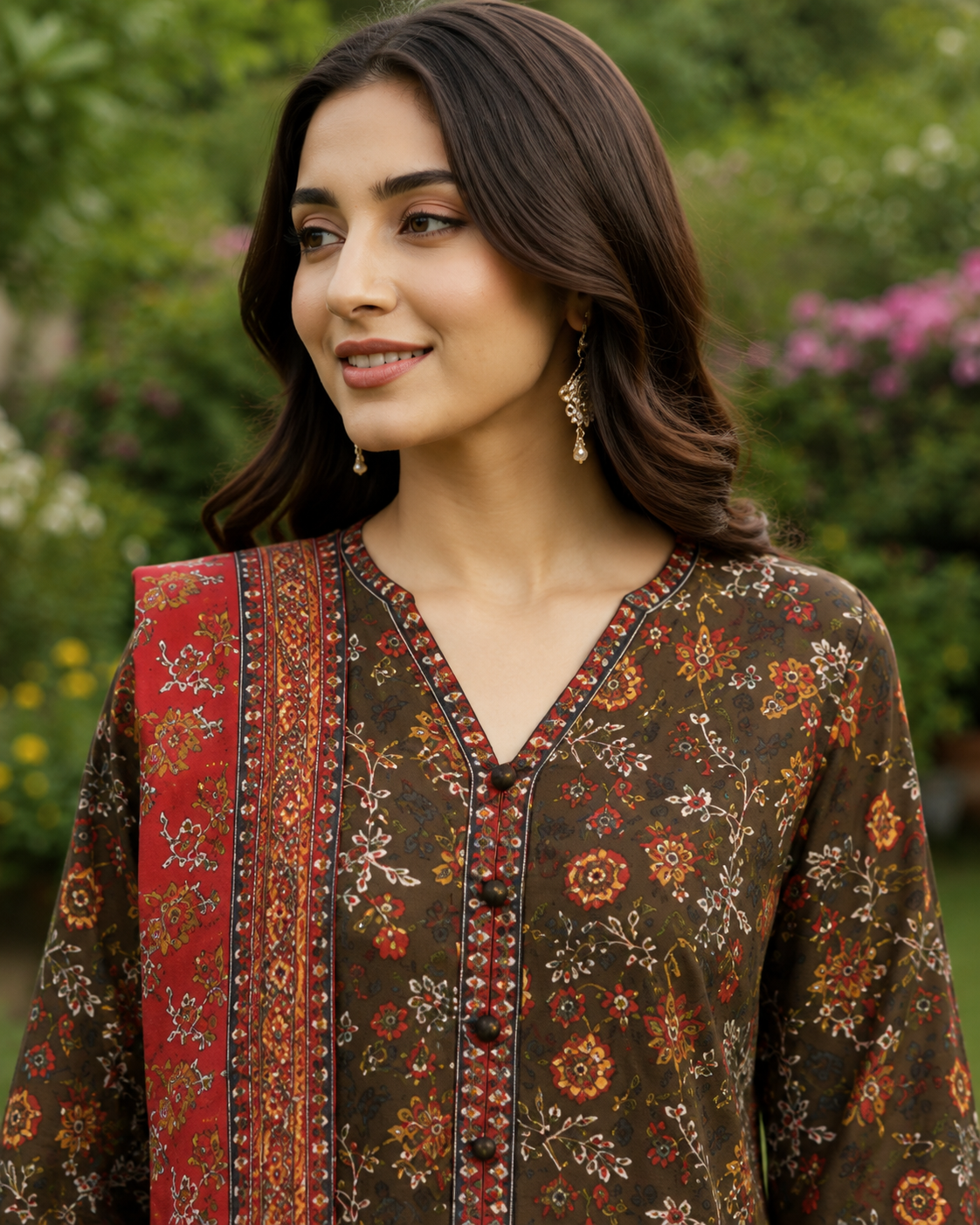 Olive brown floral printed 3-piece stitched suit
