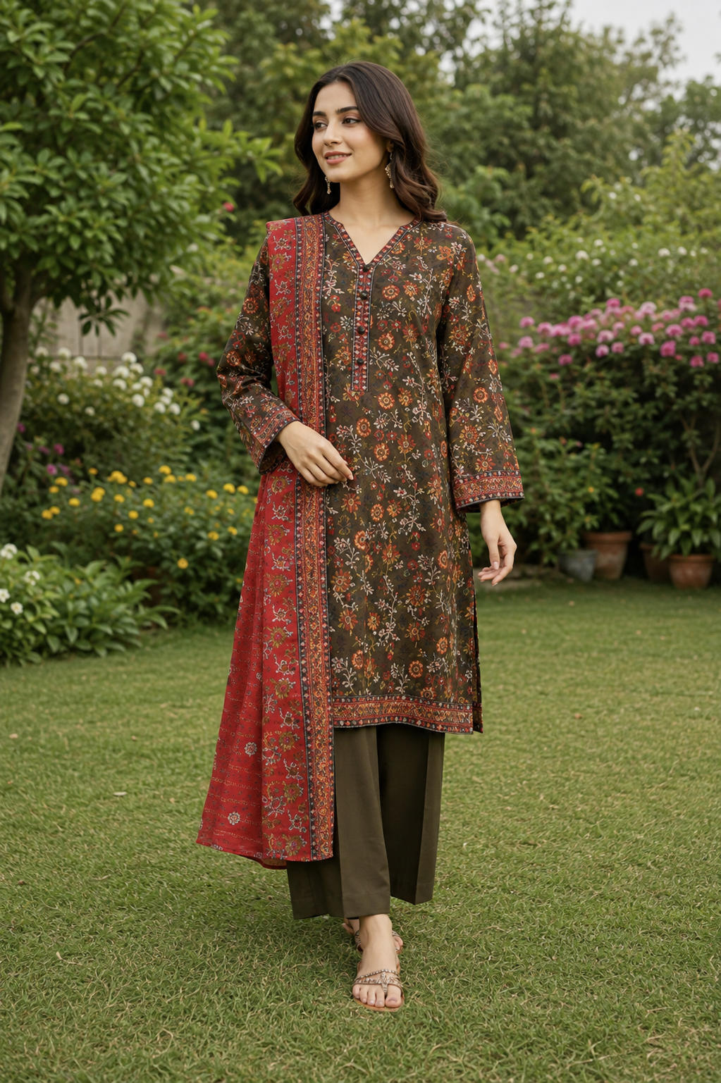 Olive brown floral printed 3-piece stitched suit