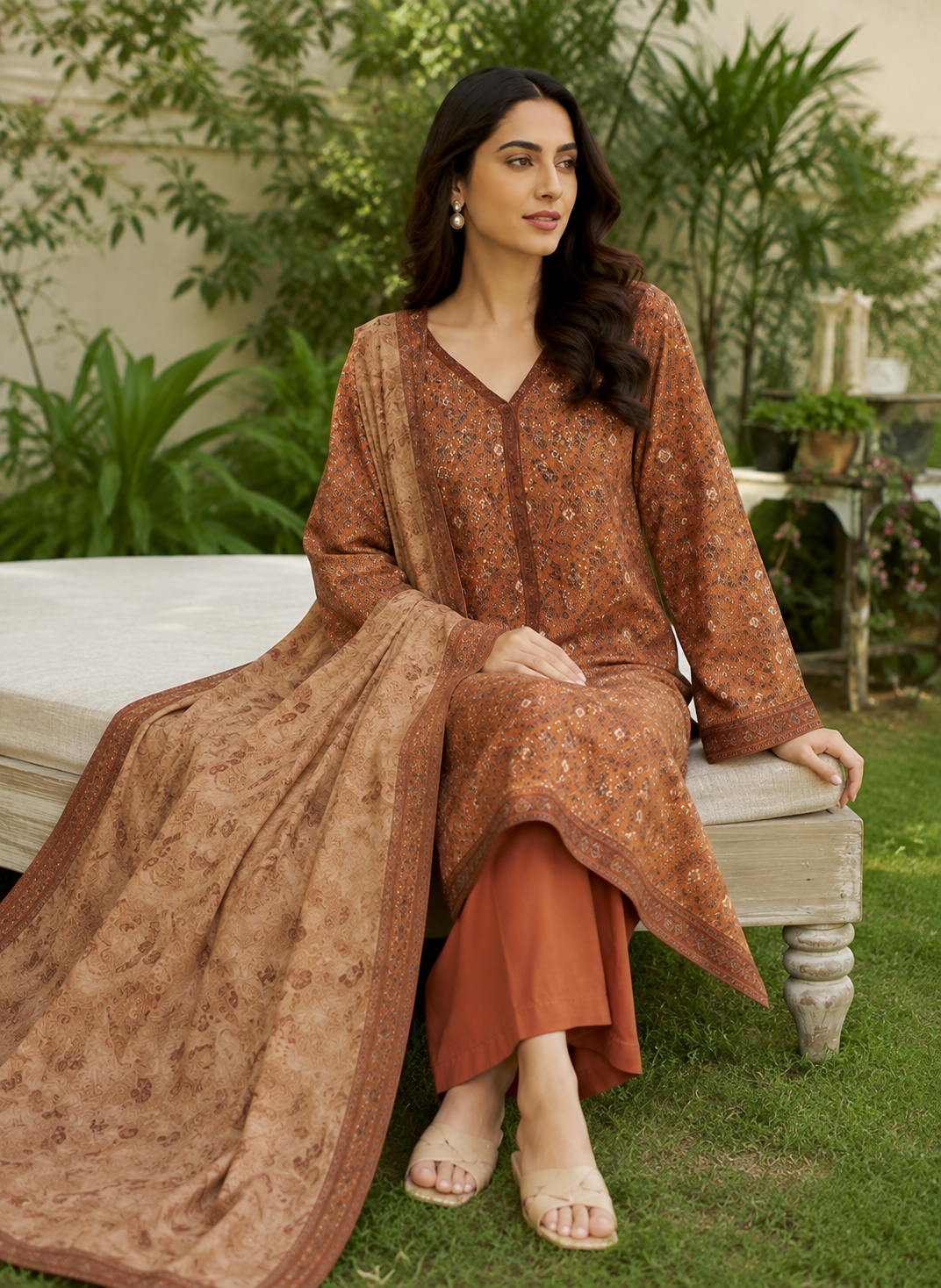 Terracotta printed lawn suit with beige leaf-motif dupatta, unstitched three-piece