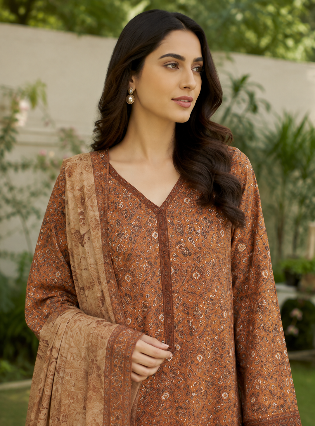 Rust brown printed 3-piece stitched suit with tassel dupatta