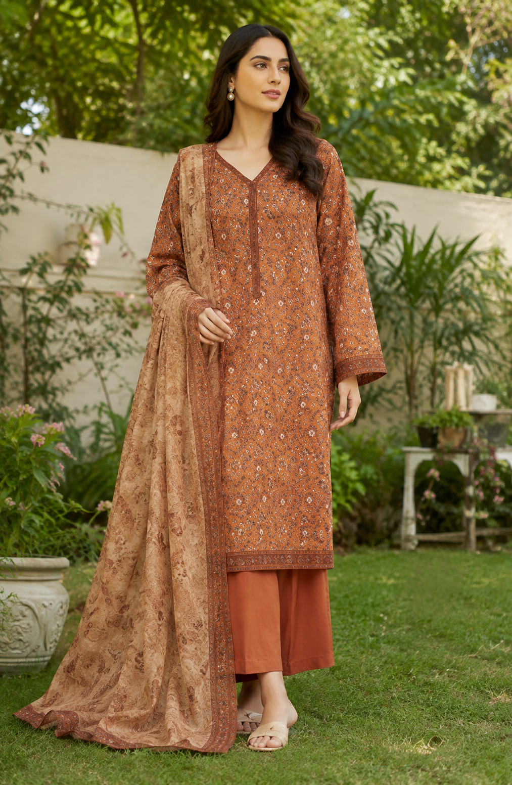 Rust brown printed 3-piece stitched suit with tassel dupatta