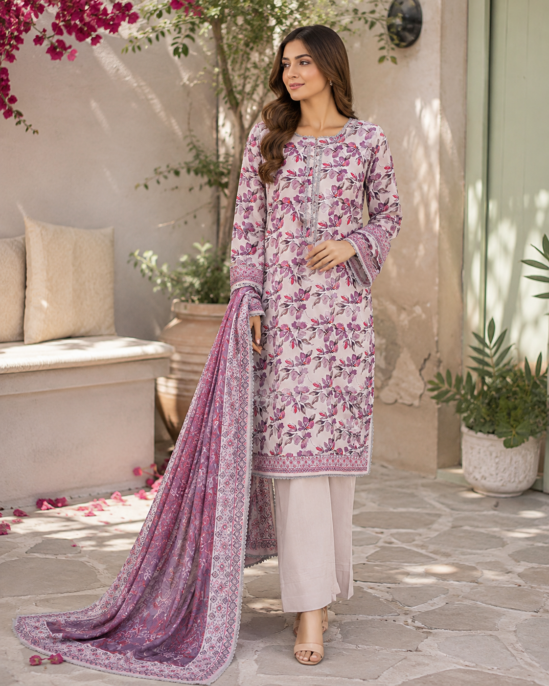 Dusty lilac watercolor floral print 3-piece unstitched lawn suit with lilac geometric-floral dupatta