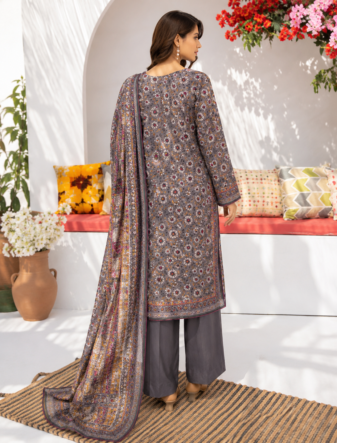 Charcoal grey 3-piece unstitched digital printed lawn suit by The Mehak Fashion