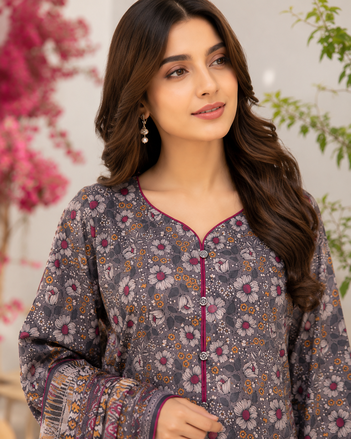 Charcoal grey mauve and mustard floral booti print 3-piece unstitched lawn suit with geometric-bordered printed dupatta