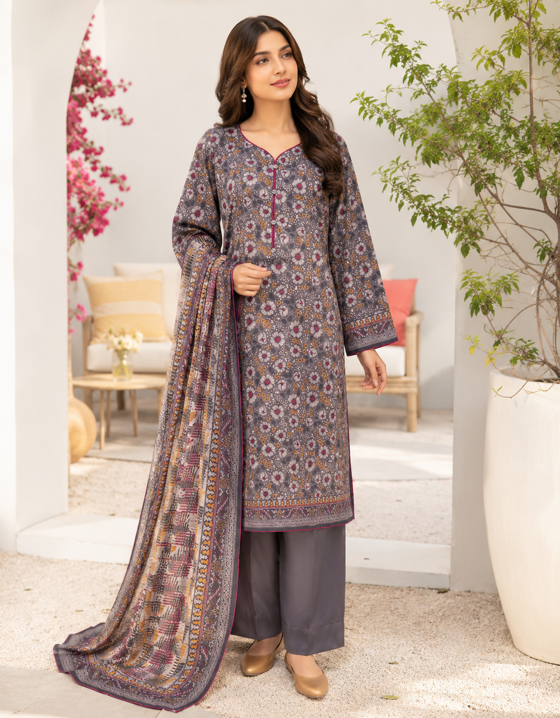 Unstitched charcoal grey Pakistani lawn suit with mauve and mustard floral booti print
