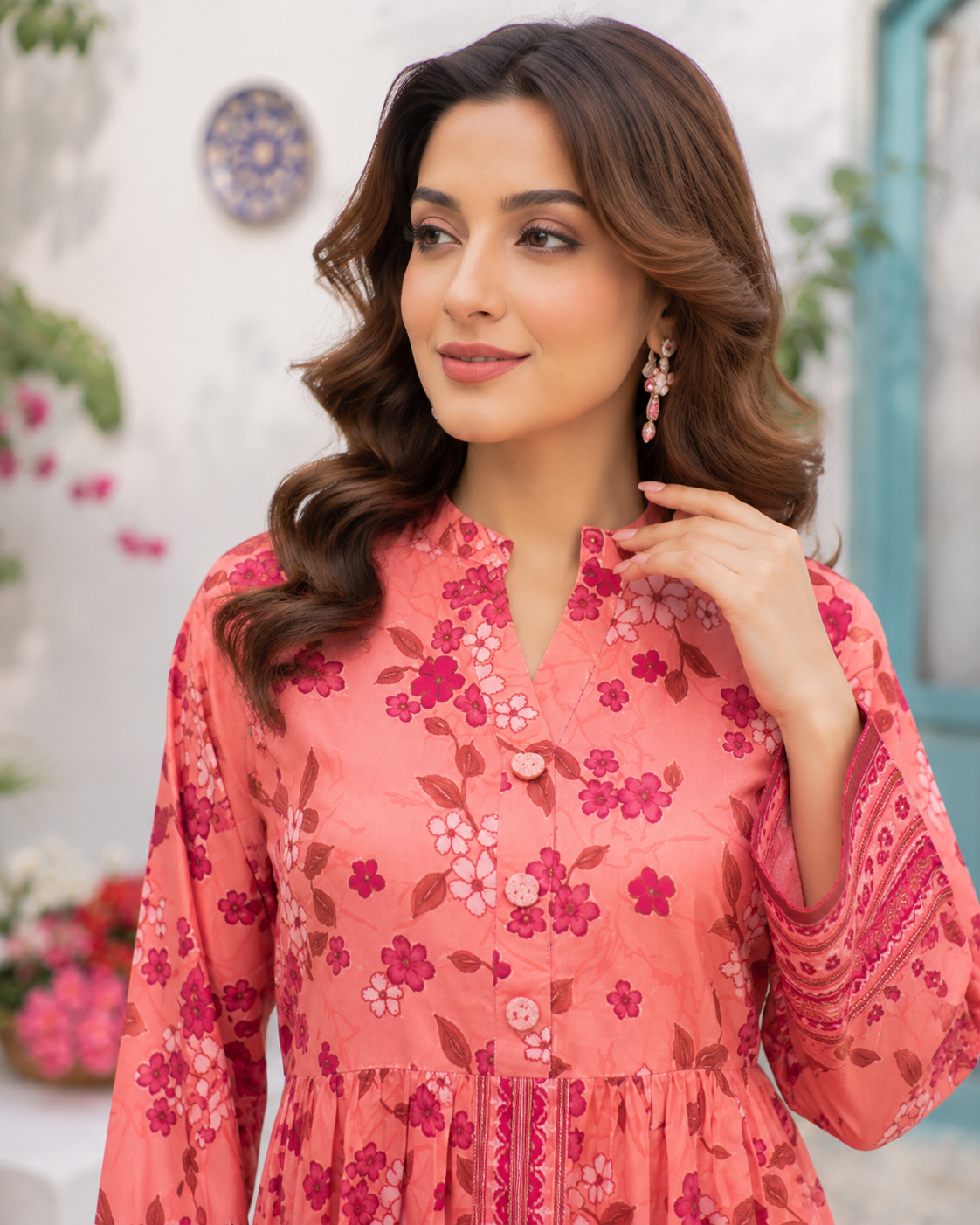 Peach coral cherry blossom floral print 3-piece unstitched lawn suit with berry pink dupatta