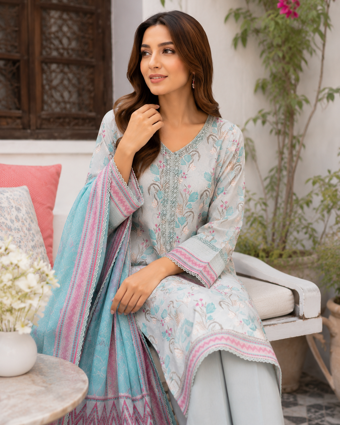 Ice blue printed lawn suit with sky blue chevron-bordered dupatta, unstitched three-piece