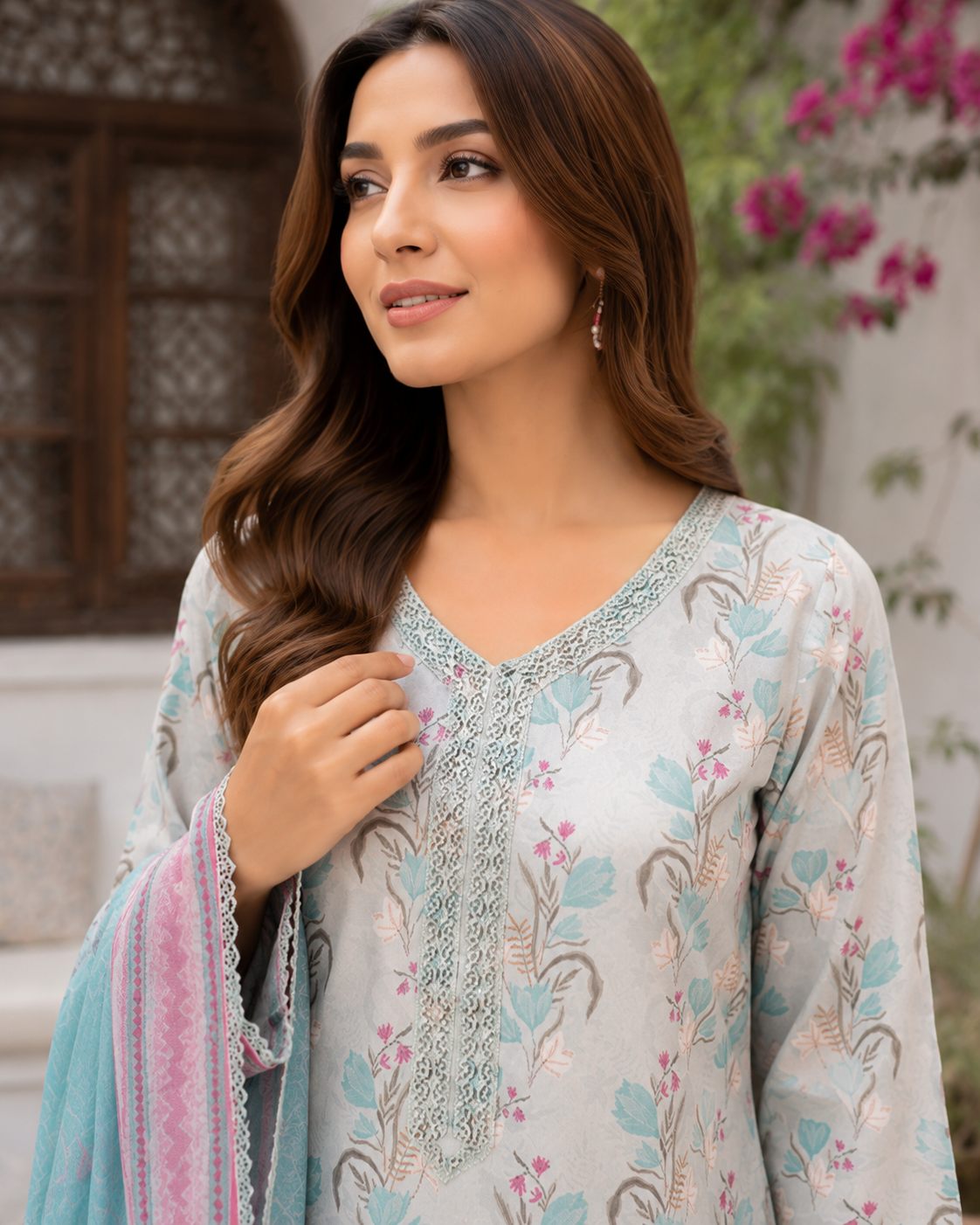 Ice blue botanical vine and floral print 3-piece unstitched lawn suit with sky blue chevron-bordered dupatta
