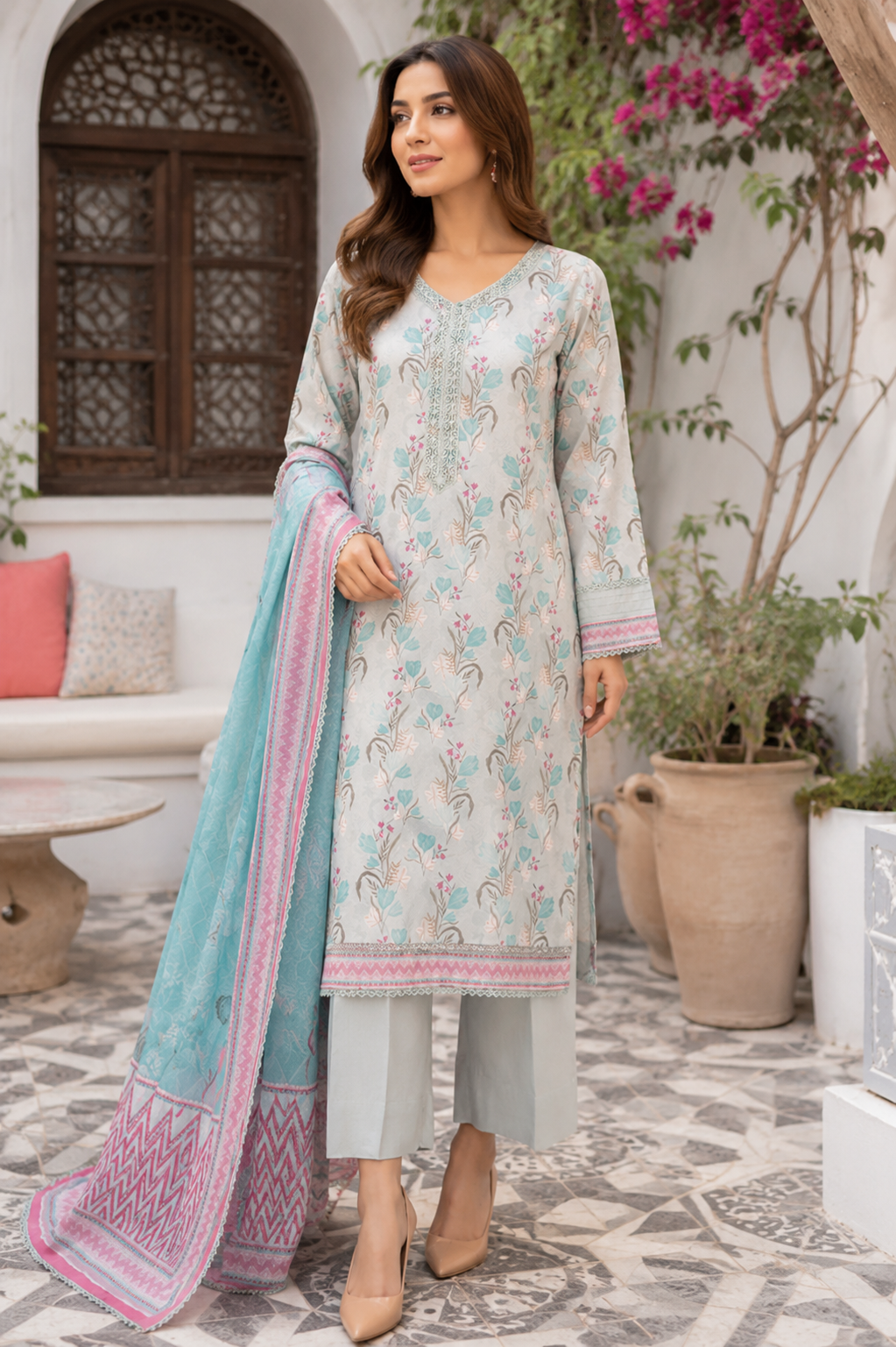 Unstitched ice blue Pakistani lawn suit with botanical vine and floral print