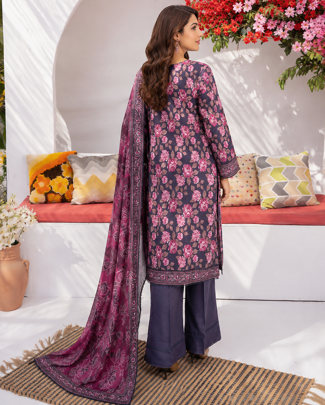 Eggplant purple 3-piece unstitched digital printed lawn suit by The Mehak Fashion