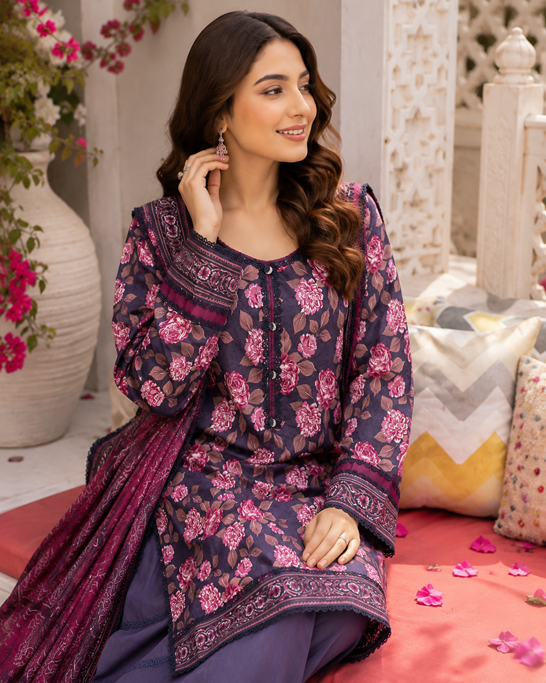 Eggplant purple printed lawn suit with plum floral dupatta, unstitched three-piece