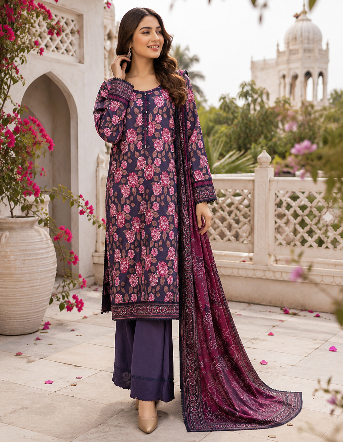 Unstitched eggplant purple Pakistani lawn suit with rose bouquet print