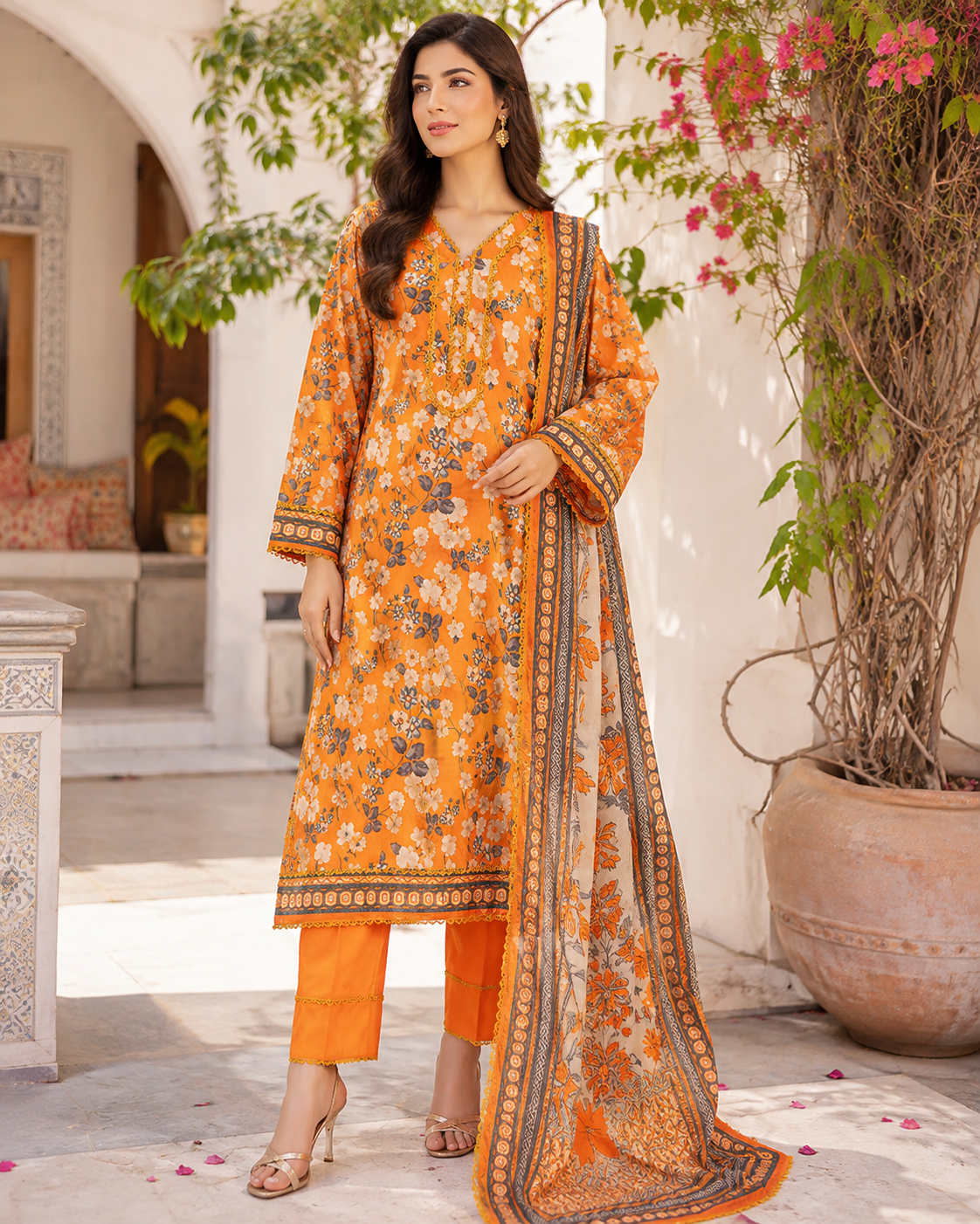 Mustard orange 3-piece unstitched digital printed lawn suit by The Mehak Fashion