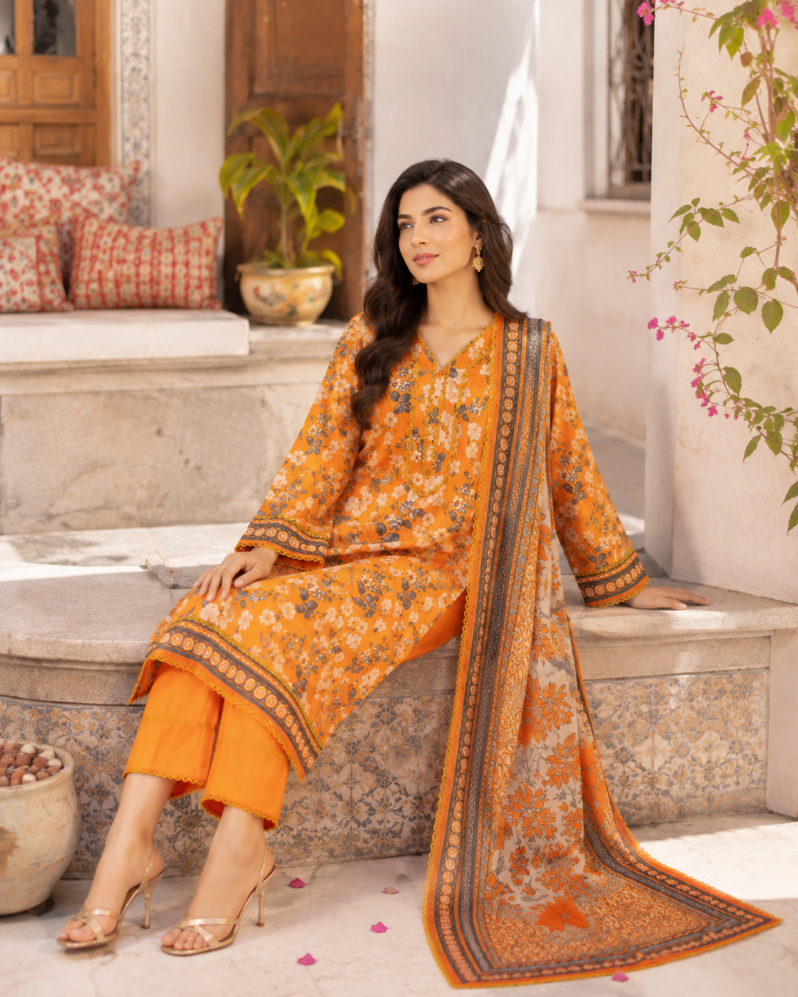Mustard orange printed lawn suit with beige-grey floral dupatta, unstitched three-piece