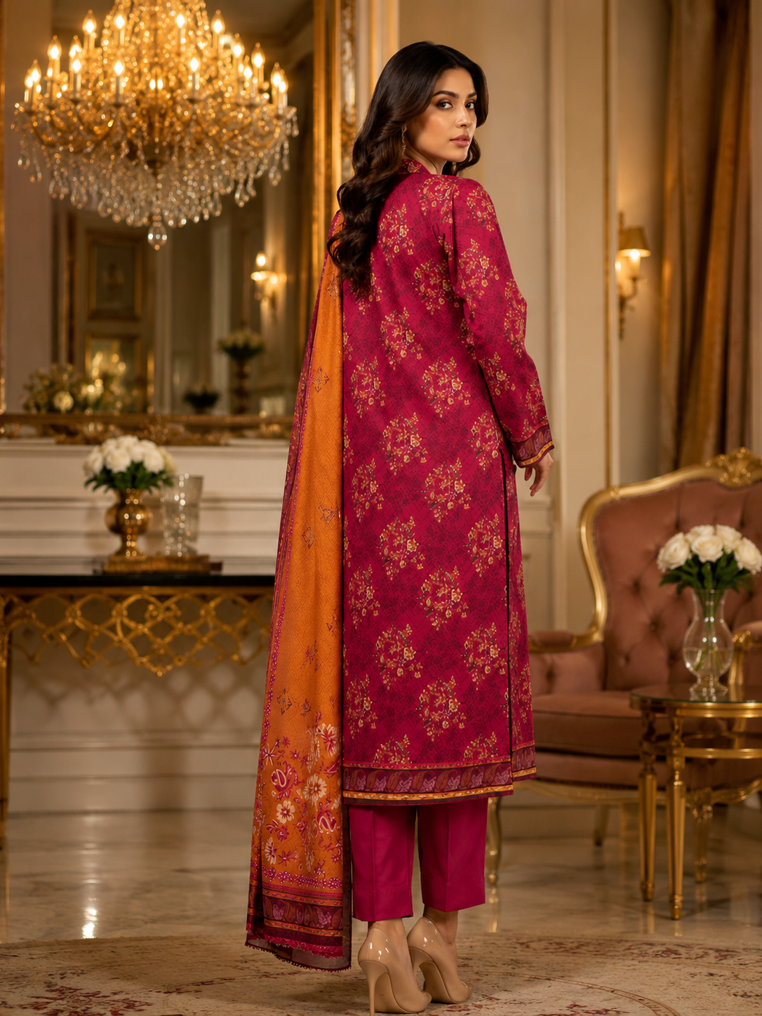 Unstitched deep magenta Pakistani lawn suit with floral booti print