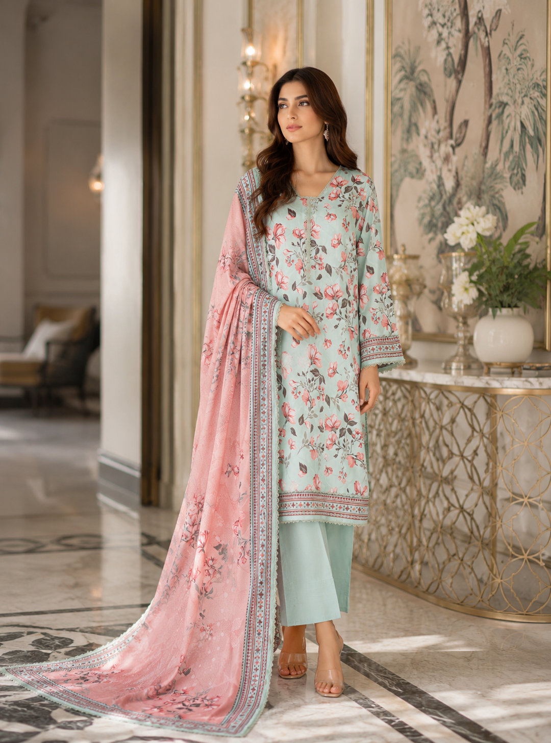 Deep magenta floral booti print 3-piece unstitched lawn suit with rust-orange dupatta