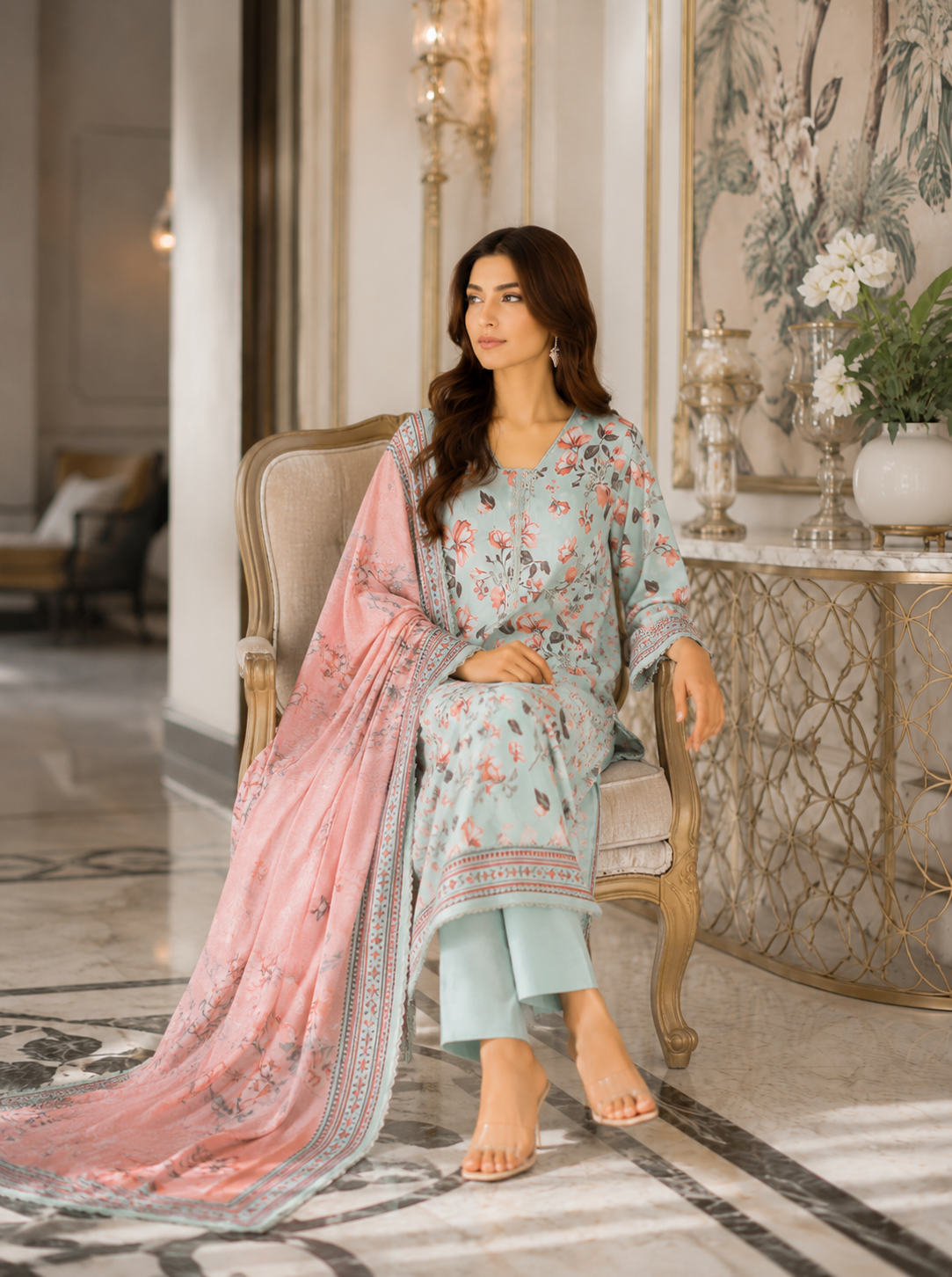 Deep magenta printed lawn suit with rust-orange dupatta, unstitched three-piece