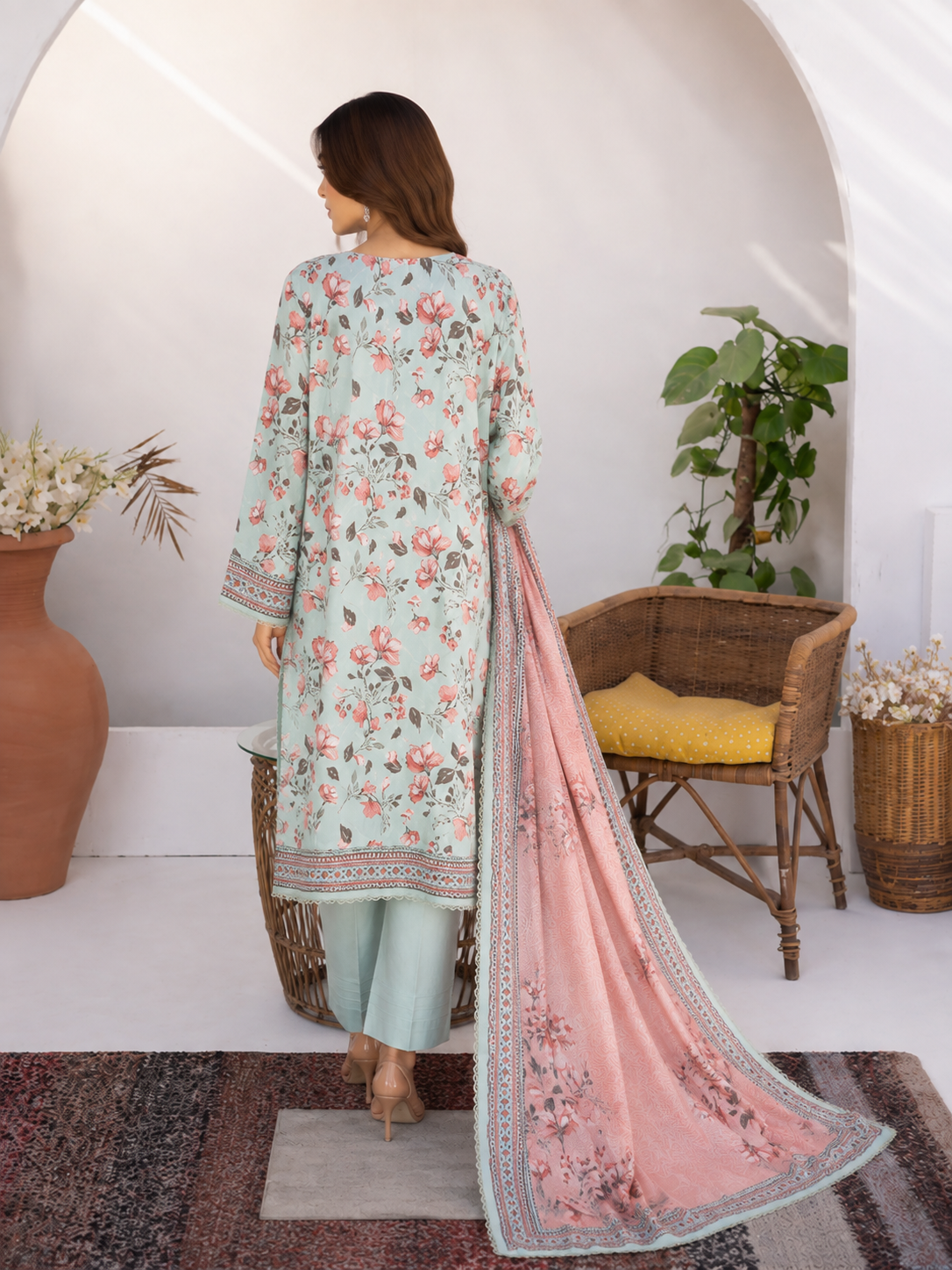 Unstitched deep magenta Pakistani lawn suit with floral booti print