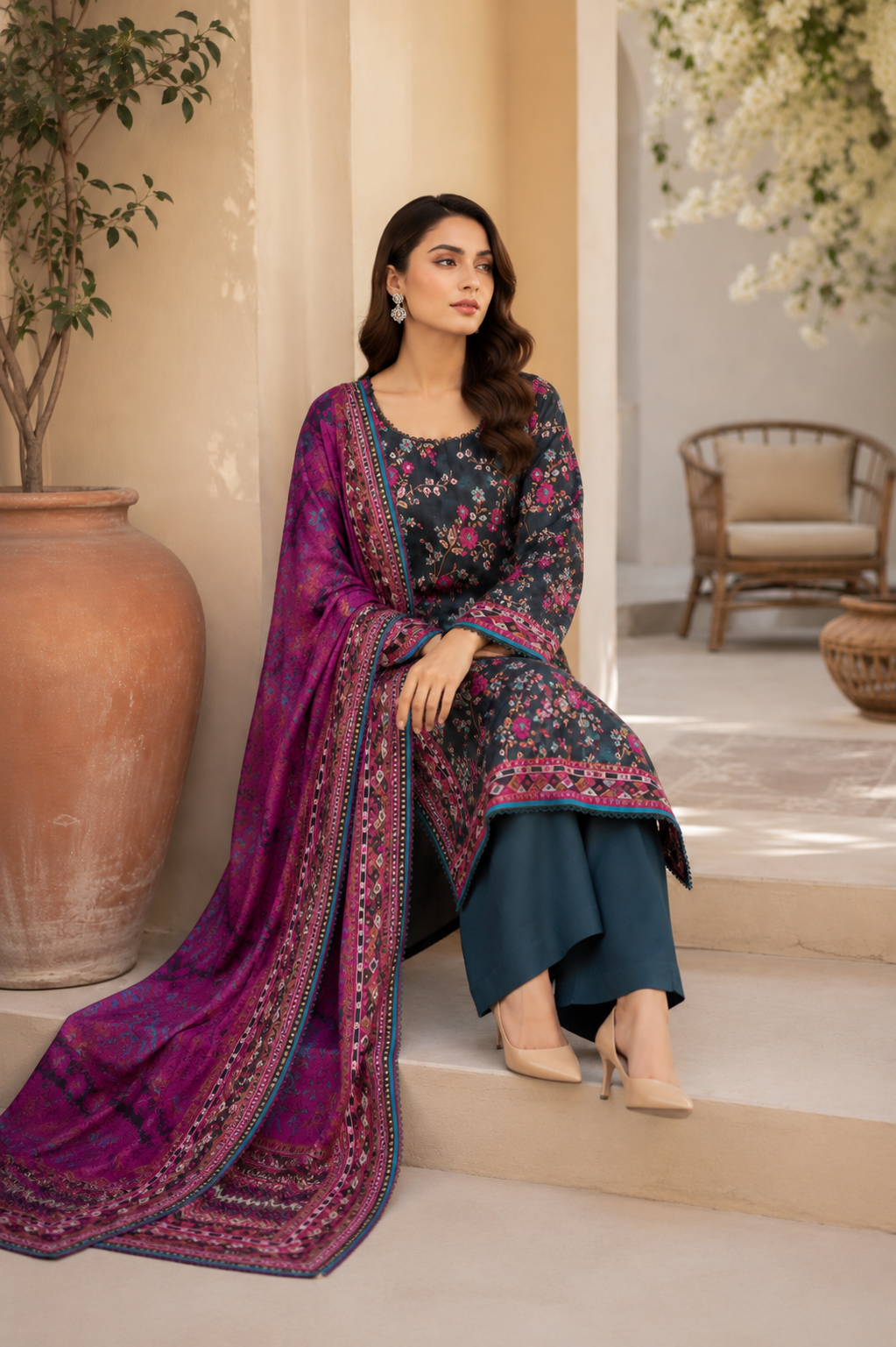 Dark teal printed lawn suit with magenta tribal-print dupatta, unstitched three-piece