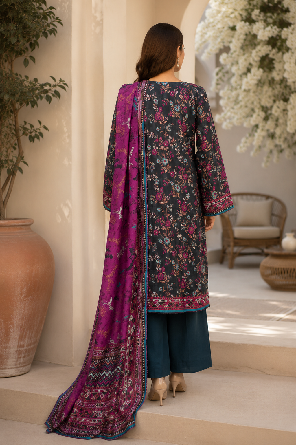 Unstitched dark teal Pakistani lawn suit with floral spray print on subtle checks