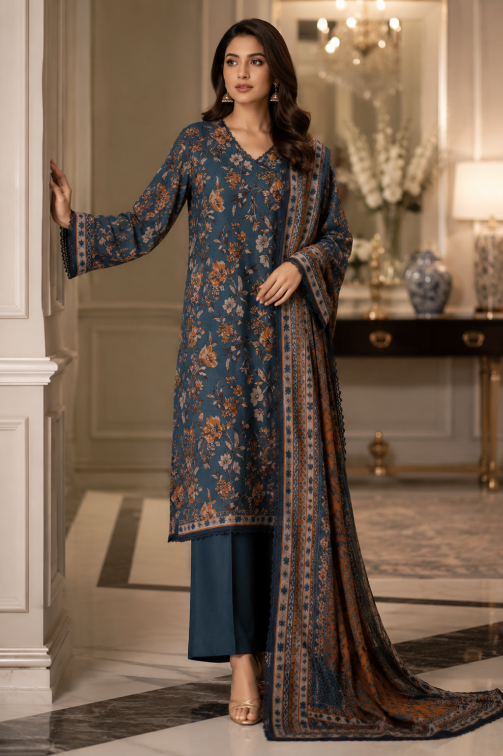 Teal blue 3-piece unstitched digital printed lawn suit by The Mehak Fashion