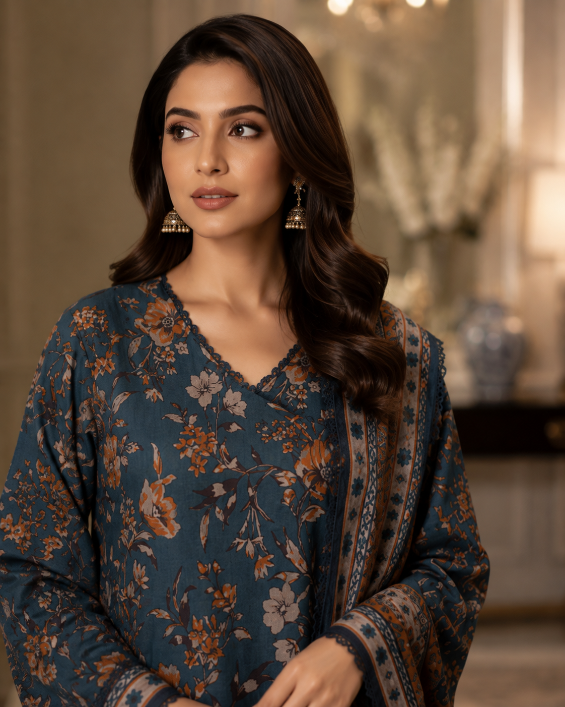 Teal blue botanical floral print 3-piece unstitched lawn suit with geometric striped dupatta