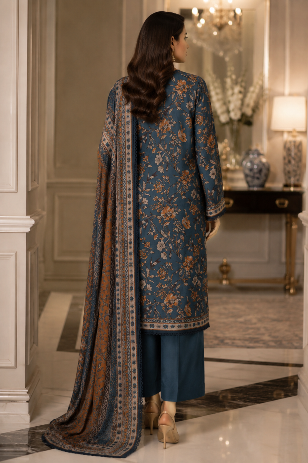 Unstitched teal blue Pakistani lawn suit with rust and caramel botanical floral print