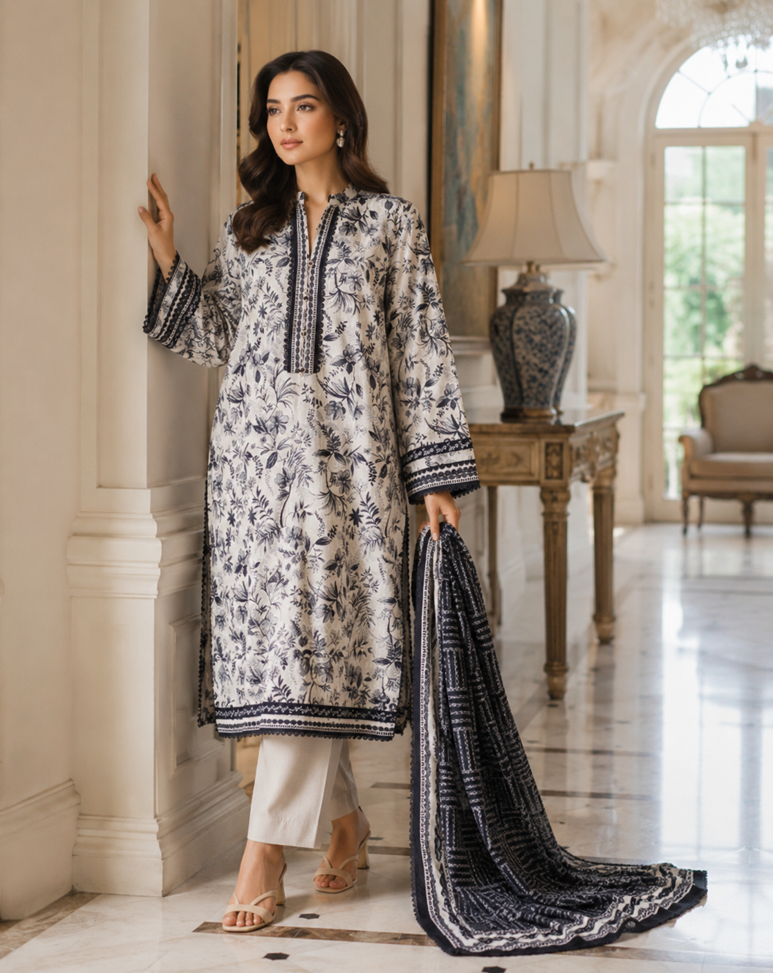 Off-white 3-piece unstitched lawn suit with black botanical vine print and black and white block-print dupatta