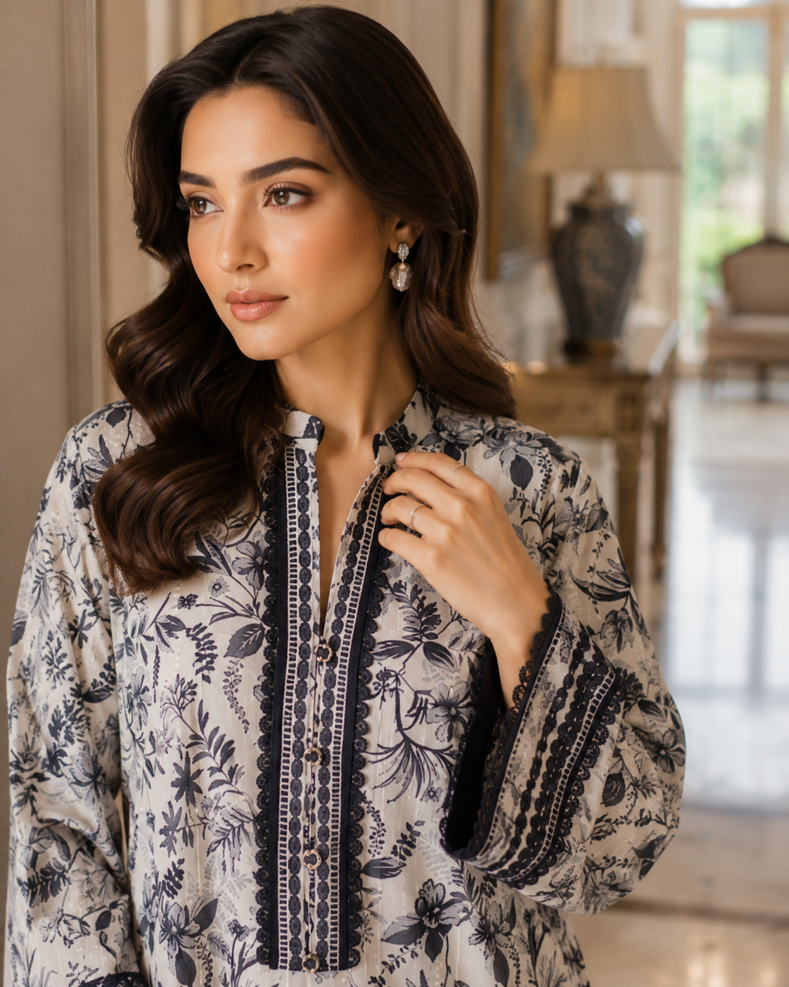 Off-white 3-piece unstitched digital printed lawn suit by The Mehak Fashion