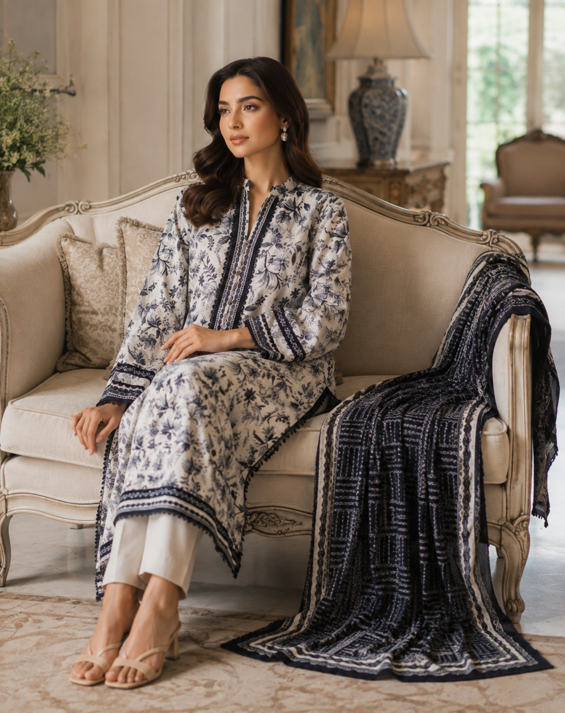 Off-white printed lawn suit with black and white block-print dupatta, unstitched three-piece