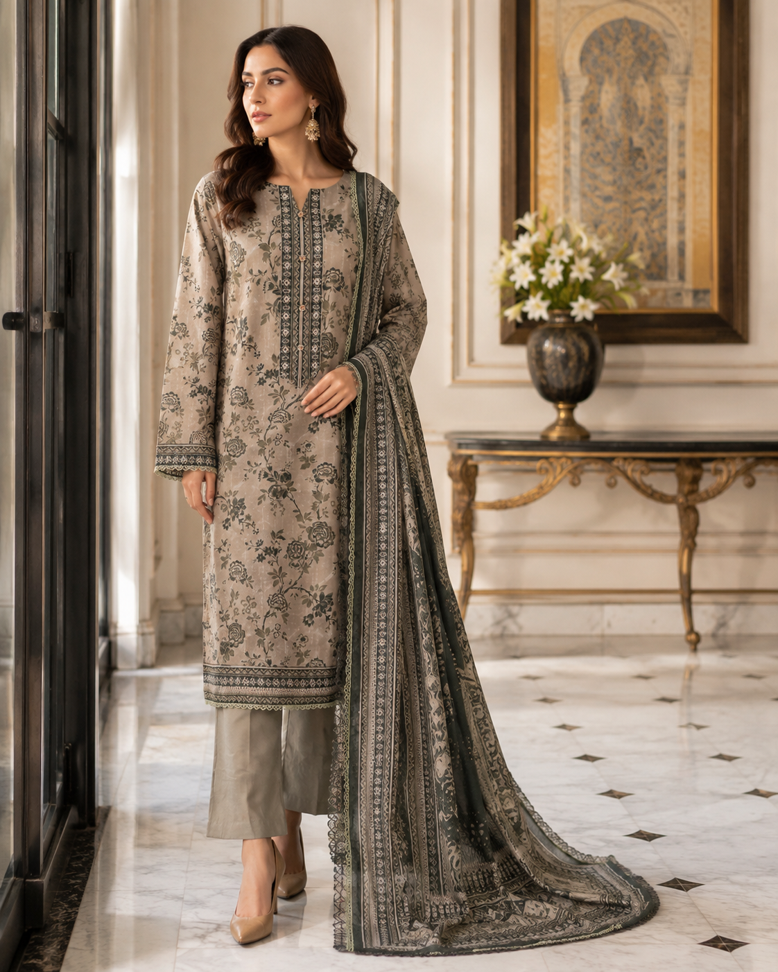 Muted taupe 3-piece unstitched digital printed lawn suit by The Mehak Fashion