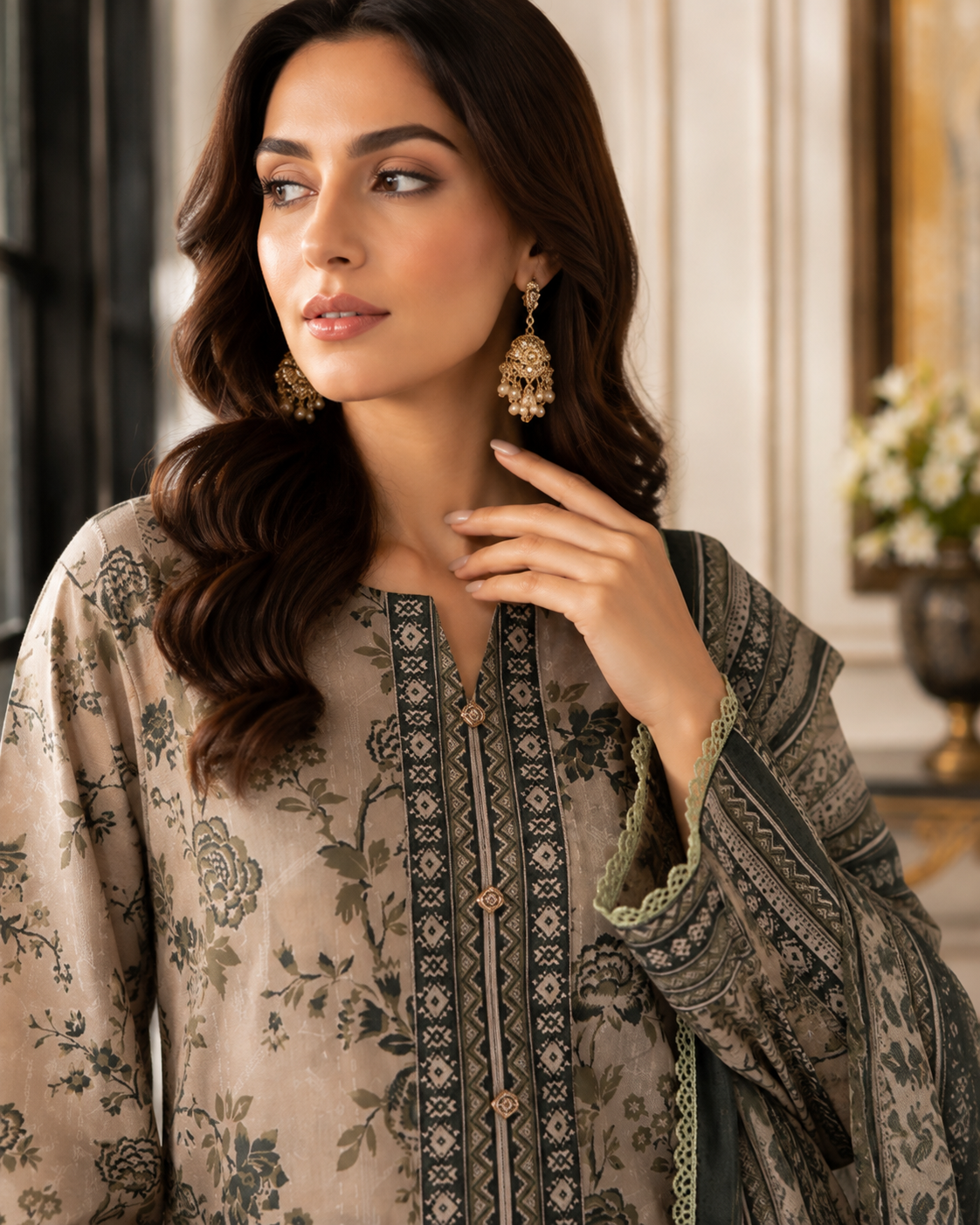 Muted taupe vintage floral print 3-piece unstitched lawn suit with olive printed dupatta