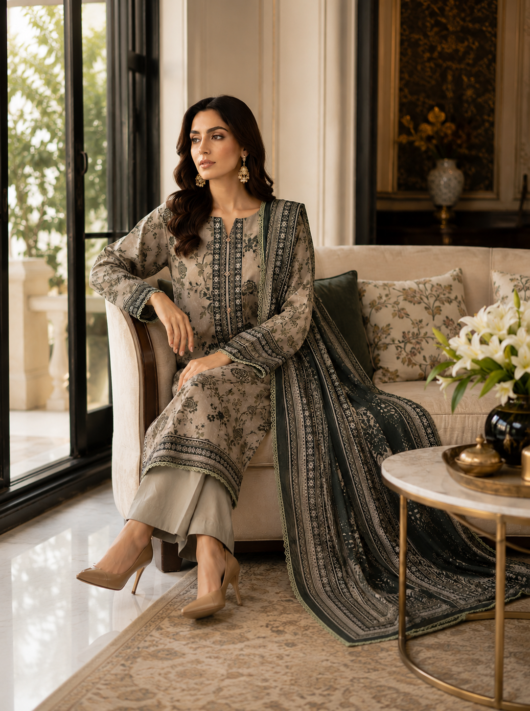 Muted taupe printed lawn suit with olive printed dupatta, unstitched three-piece