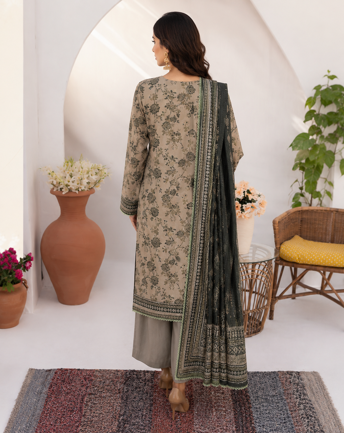 Unstitched muted taupe Pakistani lawn suit with vintage floral print