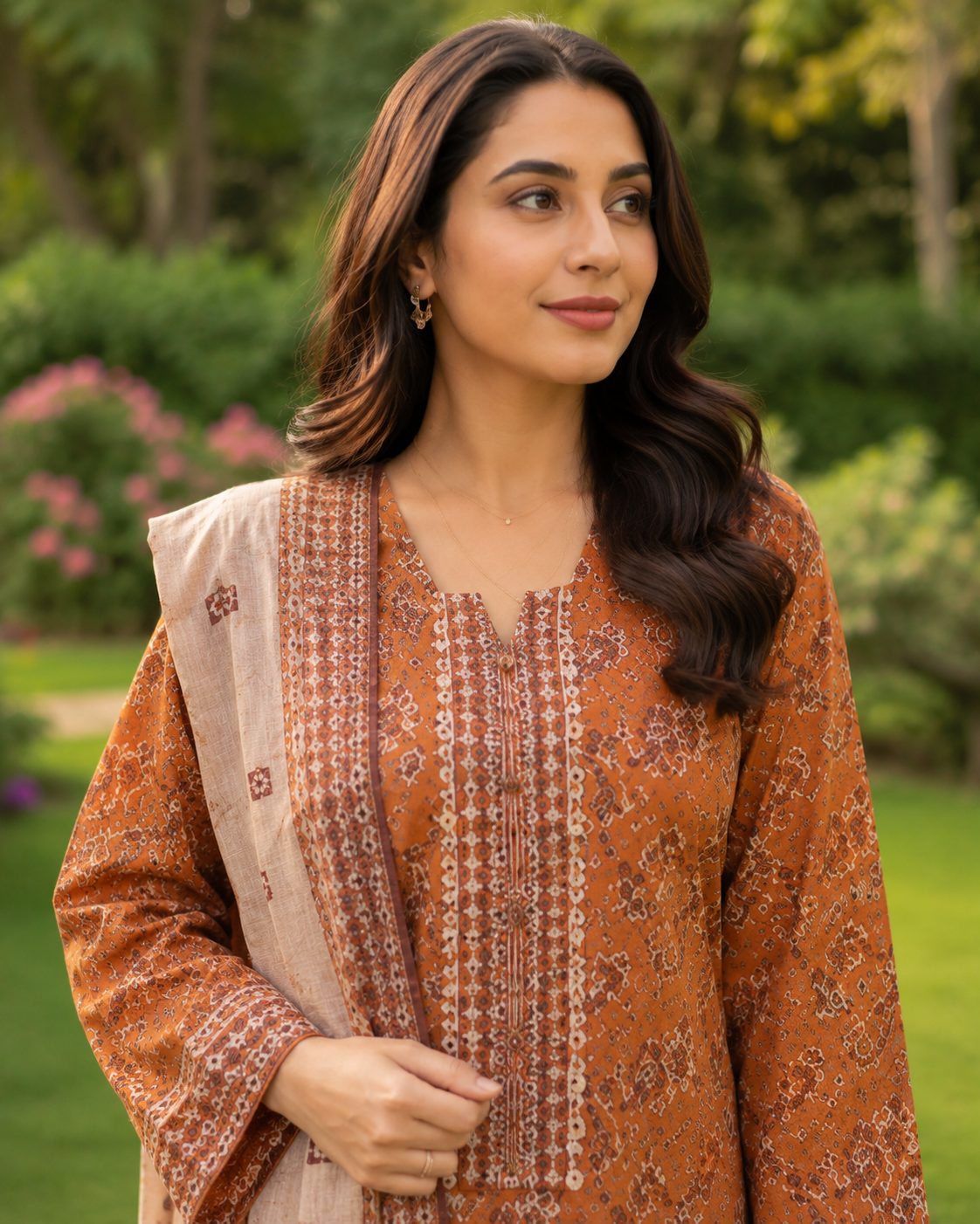 Tawny rust printed 3-piece stitched suit