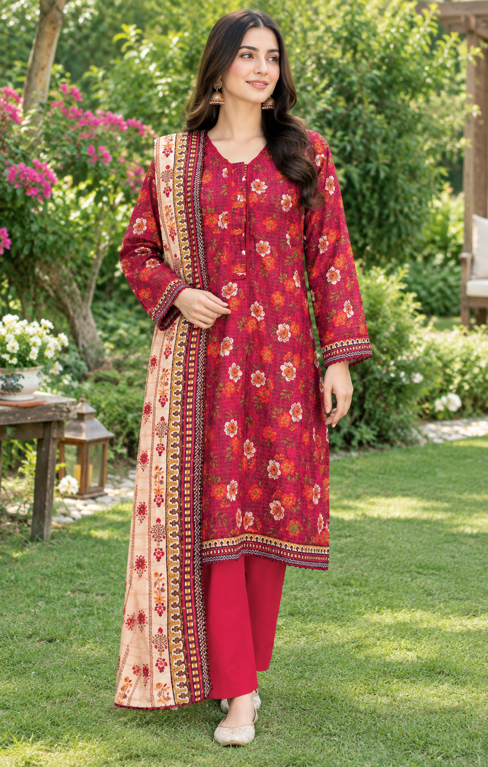 Maroon floral printed 3-piece stitched lawn suit