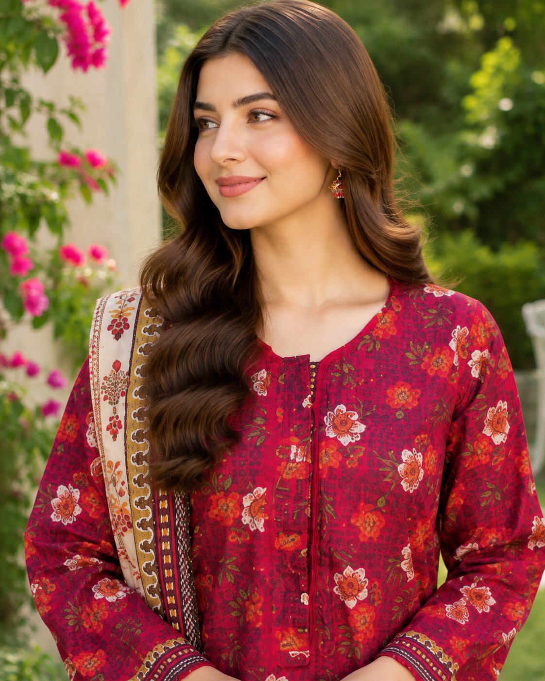 Maroon floral printed 3-piece stitched lawn suit