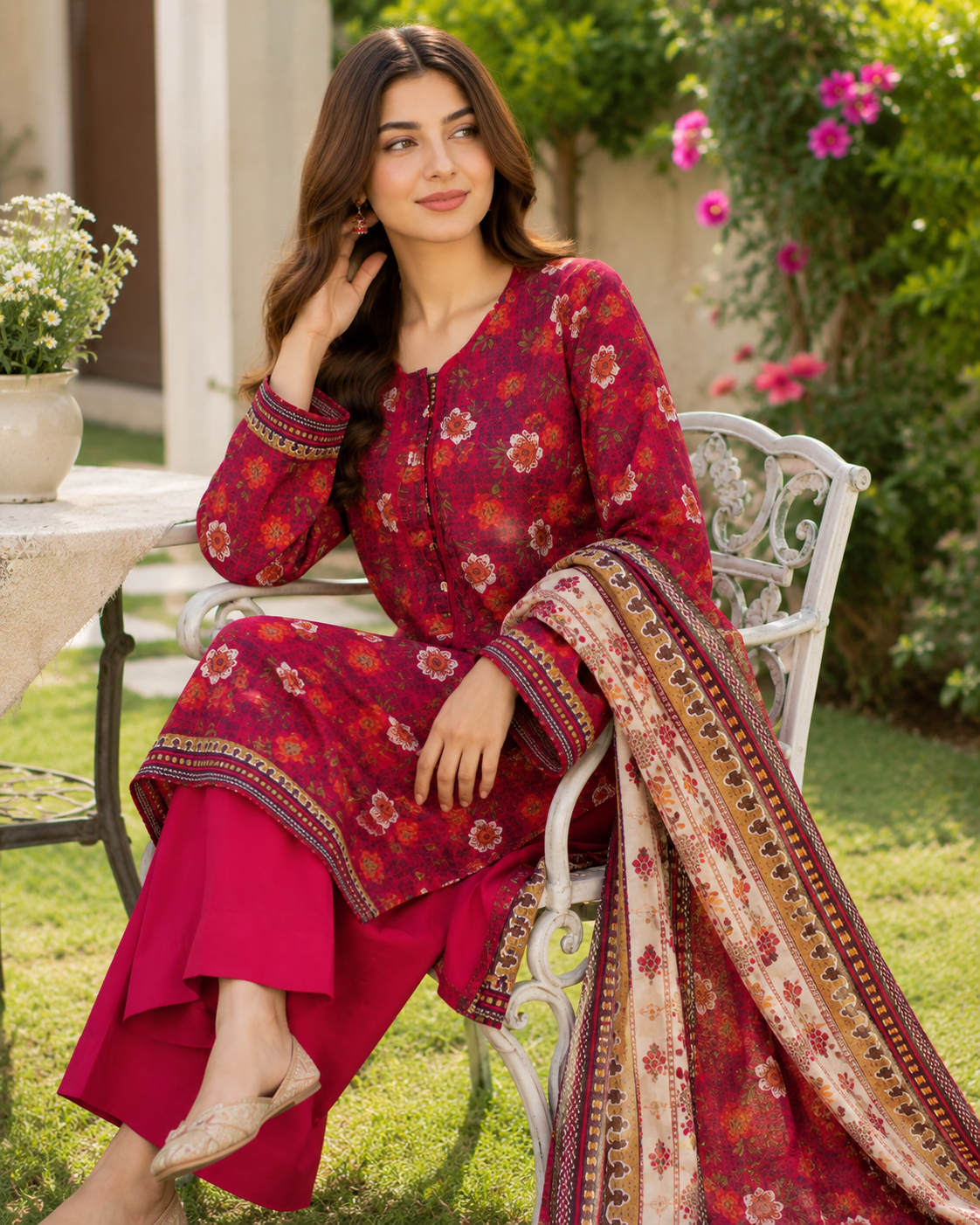 Maroon floral printed 3-piece stitched lawn suit