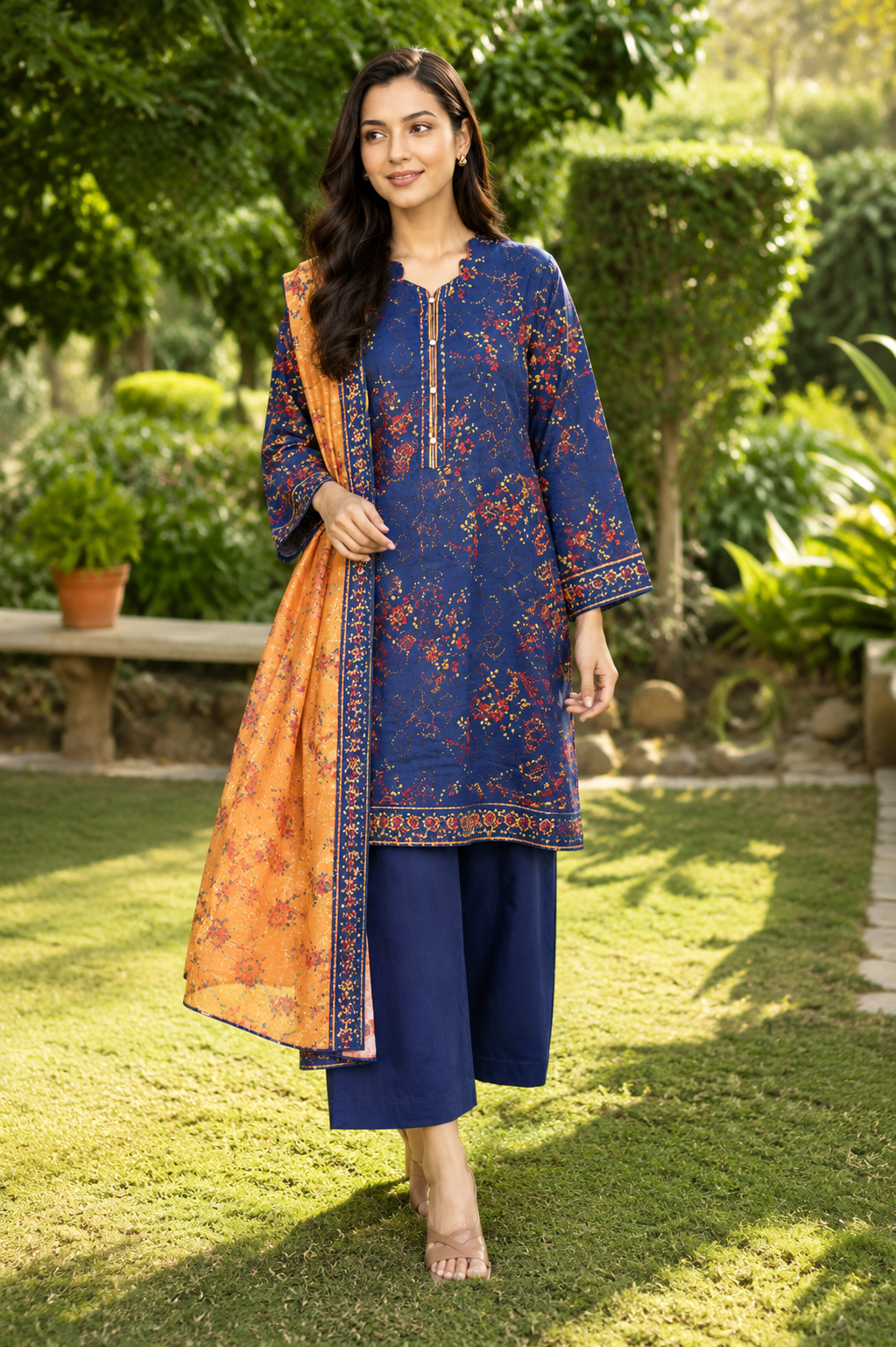 Blue printed unstitched three-piece lawn suit with contrast mustard dupatta