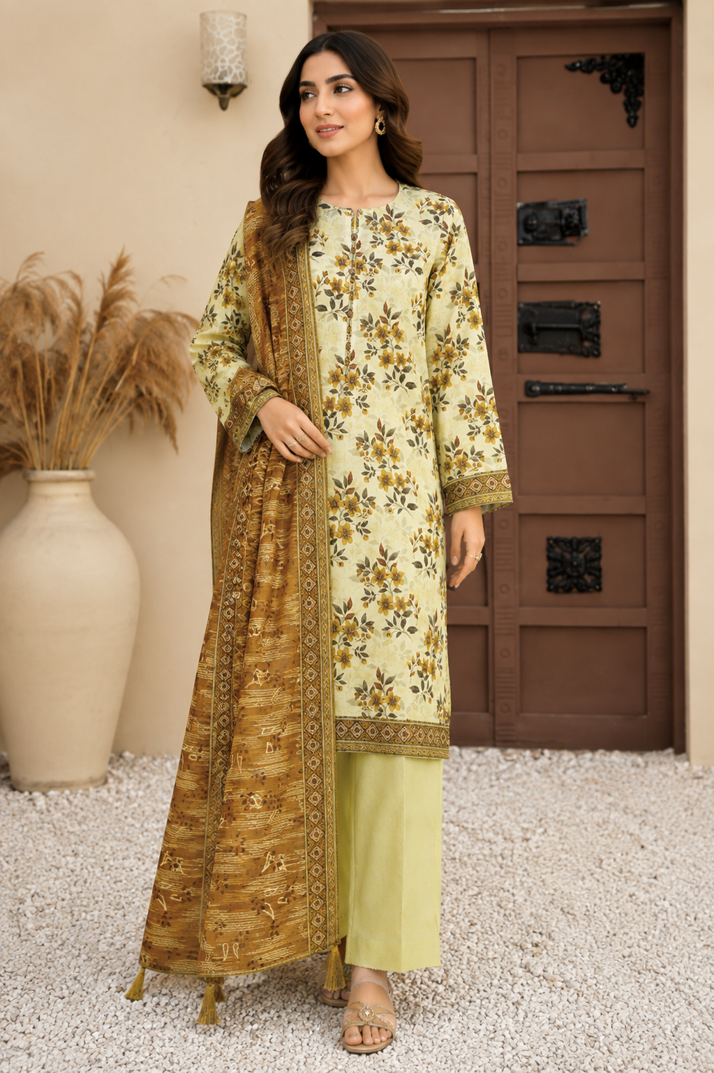 Lime floral printed Pakistani lawn suit, unstitched three-piece