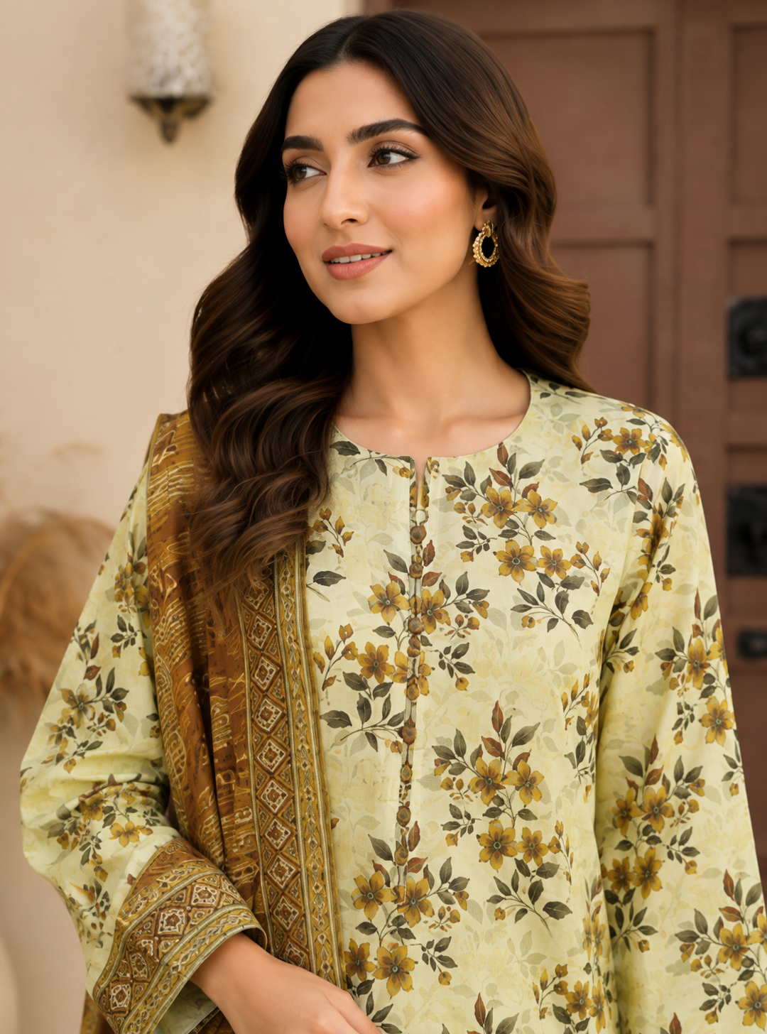 Pastel lime floral print unstitched three-piece lawn suit with ochre dupatta