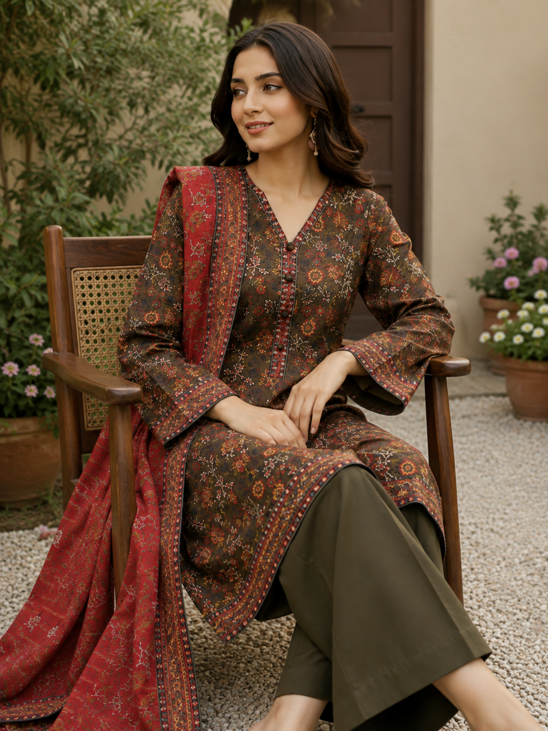Dark olive brown printed lawn suit fabric, unstitched three-piece