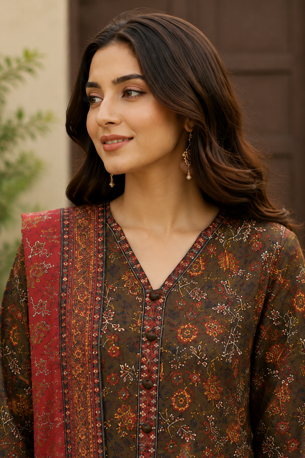 Dark olive brown printed 3-piece unstitched lawn suit with rust-red dupatta