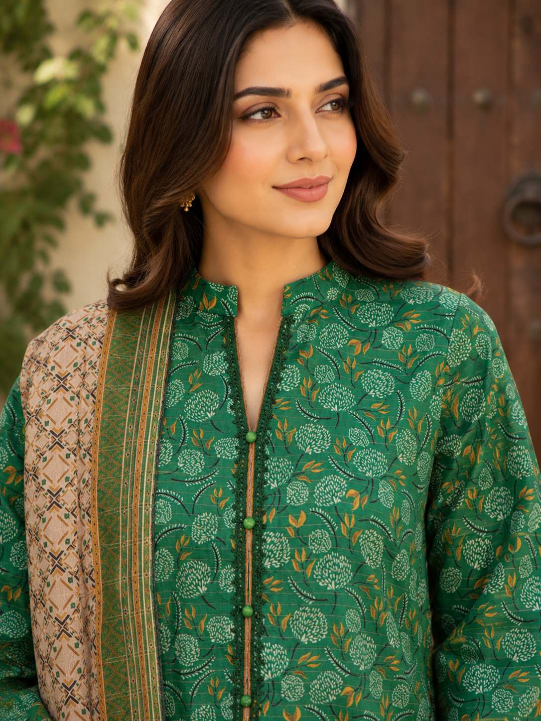 Unstitched forest green contrast lawn suit with floral print