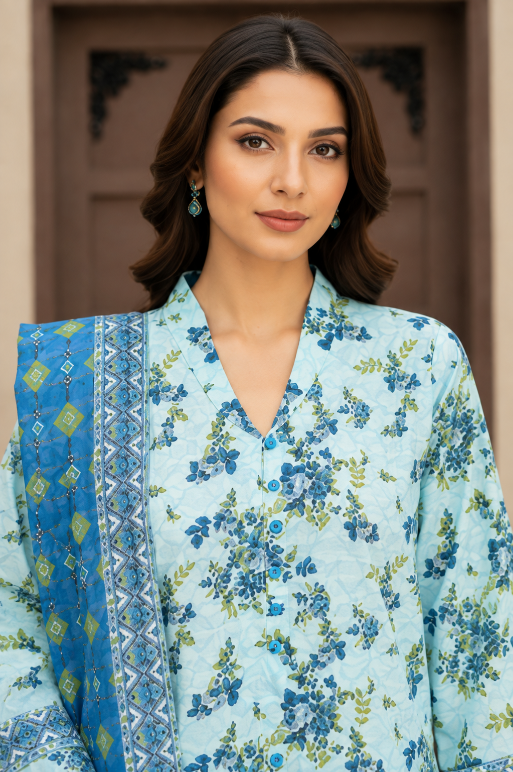 Powder blue floral bouquet print 3-piece unstitched lawn suit with royal blue diamond-pattern dupatta