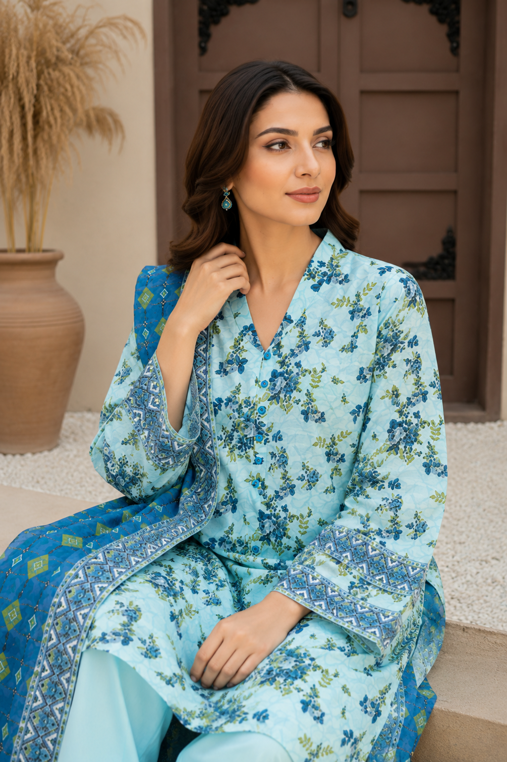 Powder blue printed lawn suit with royal blue diamond-pattern dupatta, unstitched three-piece
