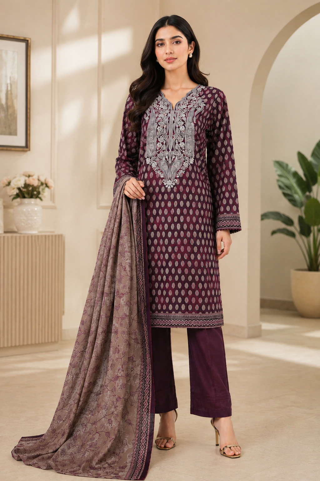 3 Pcs Unstitched Printed Embroidered Khaddar Suit in deep plum for women