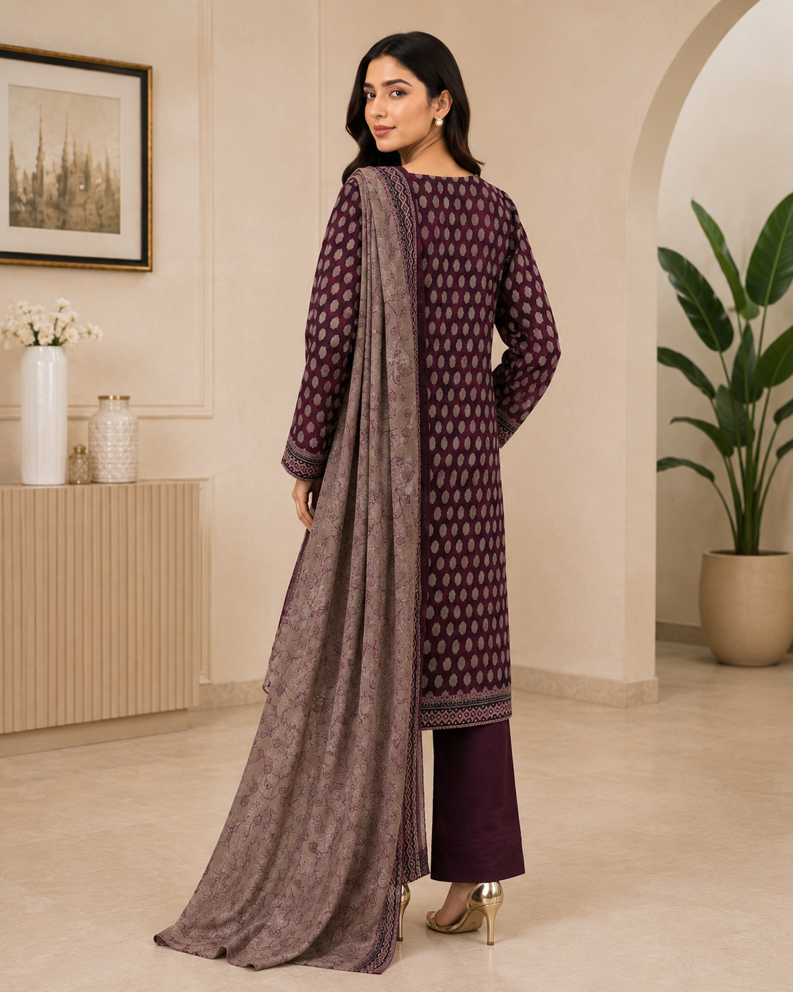 Women's deep plum unstitched khaddar suit with silver-grey neckline embroidery