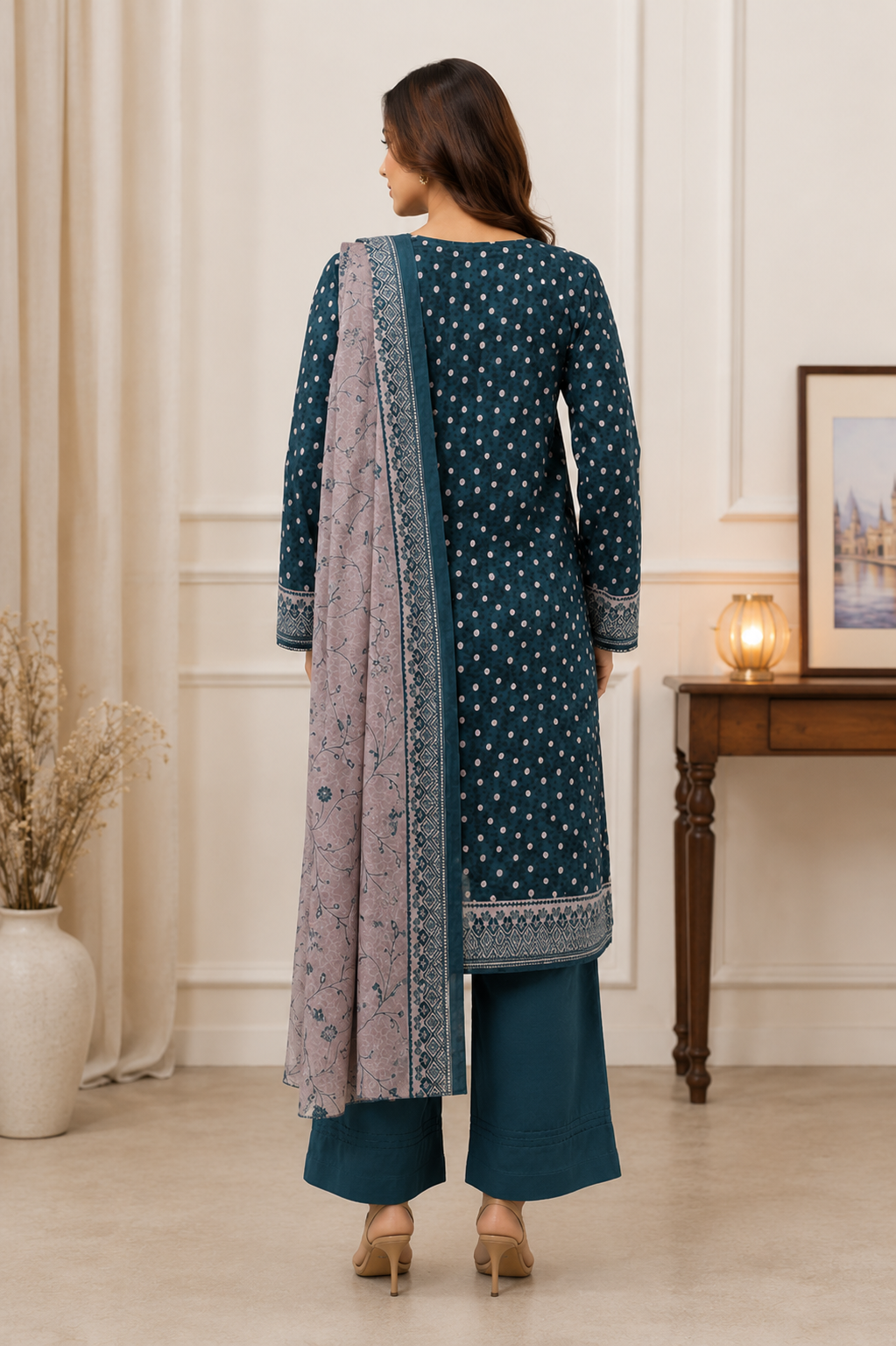 Teal blue unstitched 3 Pcs Khaddar suit for women with mauve printed shawl